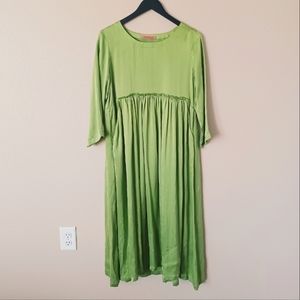 Handmade Green Silk Midi Dress Flowy Pleated Pockets Boho Fairy Festival